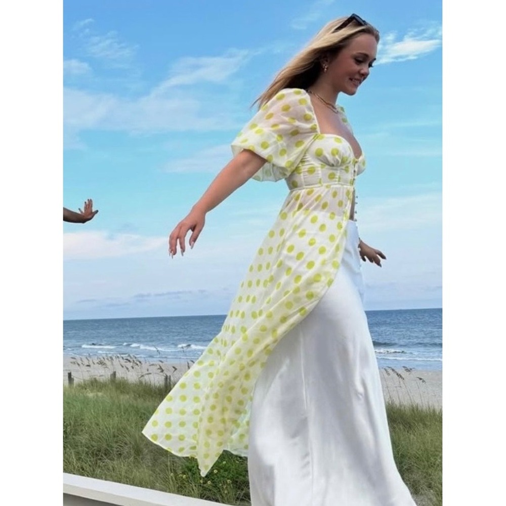NEW For Love & Lemons Yellow Polka Dot Megan Maxi Dress Puff Sleeve Corset Small - Picture 2 of 12